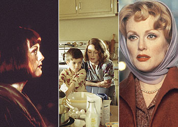 La actriz Julianne Moore, en una imagen de  El gran Lebowski  (a la izquierda), durante el rodaje de  Las horas  (en el centro ) y en un fotograma de  Lejos del cielo  (a la derecha).