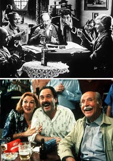 Manuel Alexandre (segundo a la izquierda) con Agustín González, José Luis López Vázquez, Cassen, Alfredo Landa y Gracita Morales, en  Atraco a las tres  (a la izquierda), y con Santiago Ramos en  Terca vida. 