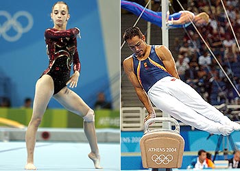 Patricia Moreno, durante su ejercicio de suelo, en el que logró el bronce, y Rafael Martínez, en su actuación sobre el caballo con arcos.