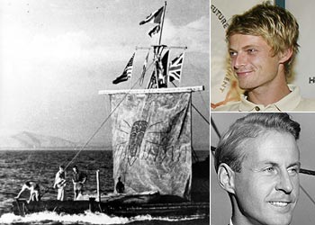 La balsa  Kon-Tiki,  durante su travesía en 1947. A la derecha, Olav (arriba) y Thor Heyerdahl (abajo).