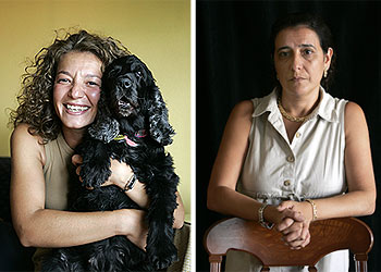 Silvia Espinosa, a la izquierda, con su perra,  Vera . A la derecha, Rosa María Ventas, en su domicilio.