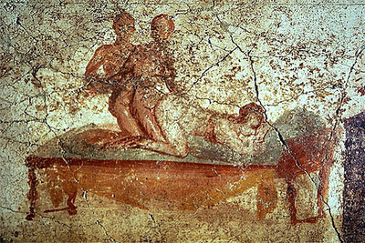 Fresco erótico de un baño público de la ciudad romana de Pompeya, restaurado en 2001.