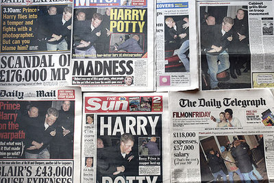 Portadas de los diarios británicos de ayer sobre el incidente del príncipe Enrique con la prensa.