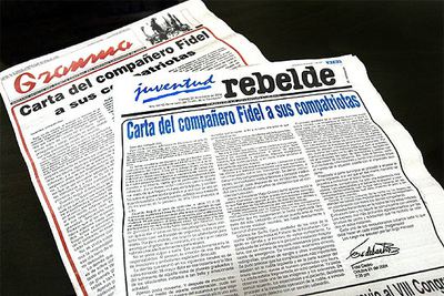 Carta de Castro a los cubanos publicada ayer en las primeras páginas de los diarios  Granma   y  Juventud Rebelde.