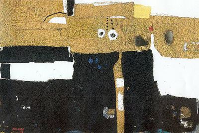 La pintura  Composición con dimensión perdida  (1957), técnica mixta sobre arpillera, de Manolo Millares (Museo Nacional Reina Sofía).