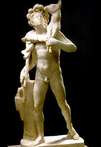 La estatua  Sátiro o Pan con cabrito sobre los hombros, 160-150 a.C. Réplica romana, 130-150 d.C.  (Museo del Prado).