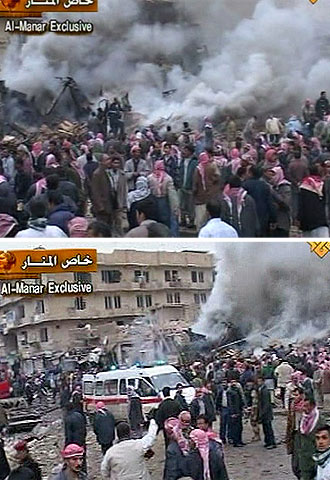 Dos imágenes, emitidas por la televisión de Hezbolá, Al Manar, tomadas instantes después del estallido del coche bomba en Nayaf (izquierda) y cuando llegaron las primeras ambulancias.
