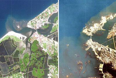 Imágenes de Aceh, en Indonesia, tomadas por el satélite  Ikonos  antes (izquierda) y después del paso del agua  . 