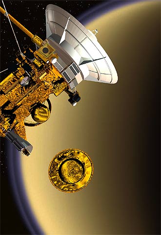 Recreación del alejamiento de la sonda  Huygens  de  Cassini  cerca de Saturno.