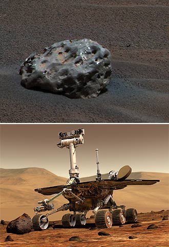 El meteorito encontrado por el  Opportunity  (abajo en un dibujo).rnrn NASA