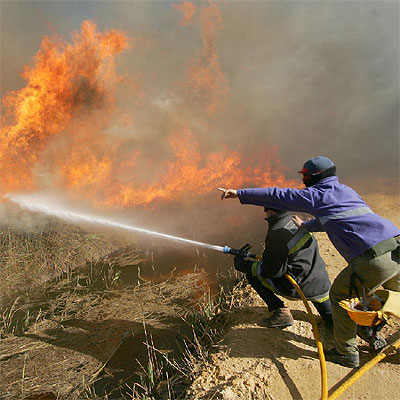Dos bomberos, ayer, intentan frenar las llamas en el parque de El Prat de Cabanes.