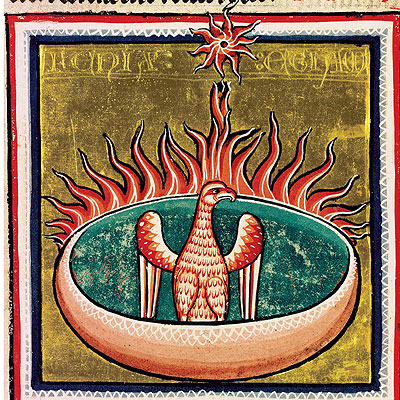 'El ave fénix arde en su nido'. Miniatura del  Bestiario de Oxford  (siglo XIII, Universidad de Oxford).