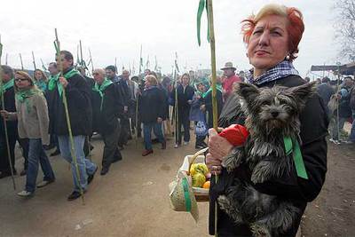 Una mujer que participó con su perro en la tradicional marcha contemplaba ayer el paso de los  romeros. 