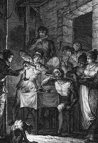  Don Quijote come en la venta,  grabado de José Rivelles.