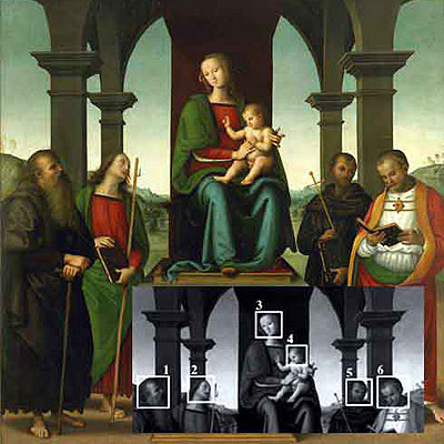  Madonna con niño,  de Perugino, aunque sólo pintó las cabezas de la virgen y las dos de su derecha.Hany Farid.