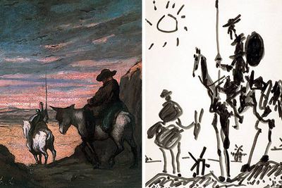  Don Quijote y Sancho Panza  (1866-1868), de Daumier (a la izquierda), y  Don Quijote  (1955), de Picasso.