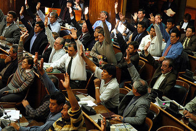 Los diputados -entre ellos, Evo Morales segundo por la derecha, en la segunda fila-, en la votación de ayer.