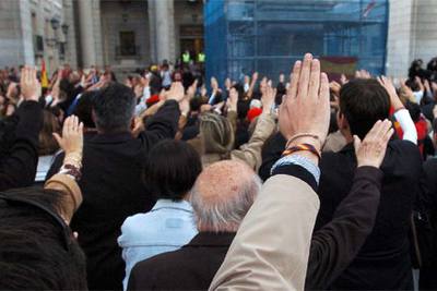 Concentración de  ultras  del jueves pasado en la plaza de San Juan de la Cruz de Madrid para protestar por la retirada de la estatua ecuestre de Franco.