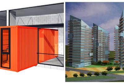 A la izquierda, dibujo del prototipo del barcelonés Gustavo Gili que incorpora un  container  en el que se instalan el baño y la cocina. A la derecha, simulación de las torres con espacios comunitarios de Ábalos y Herreros.