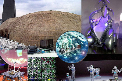 Desde arriba y de izquierda a derecha: el Pabellón Nagakute y la Torre de la Tierra al fondo, pantalla esférica de 360 grados, los vehículos futuristas 'i-Units', el robot español P-Tinto, plantas del pulmón ecológico y la orquestra de robots.