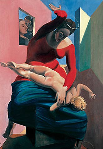  La Virgen castigando al Niño Jesús ante tres testigos  (Breton, Eluard y el artista) (1926), de Ernst. rnrn MUSEUM LUDWIG KÖLN  ARS NEW YORK