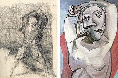  El loco,  de Goya (a la izquierda), y  Mujer desnuda en sillón rojo  (1939), de Picasso.