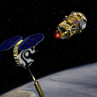 Ilustración del vehículo  Dart  acercándose al satélite  Mublcom. 