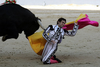 El diestro Fernando Robleño recibiendo su primer toro a  porta gayola. 