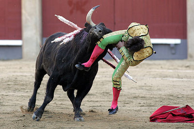 Sebastián Castella sufrió una aparatosa cogida al iniciar por naturales la faena de muleta al primer toro.