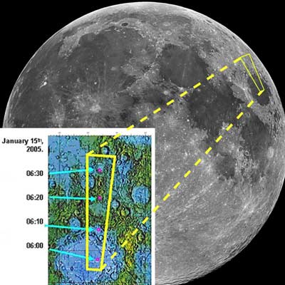 La cámara de rayos X de la nave  Smart 1  ha localizado calcio en la Luna, en la zona marcada (Mare Crisium y región más al Norte) sobre la foto de la superficie. La observación se hizo el 15 de enero a las horas indicadas.