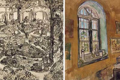 A la izquierda,  El patio del hospital de Arlés  (1889); a la derecha,  Ventana del estudio  (1889).