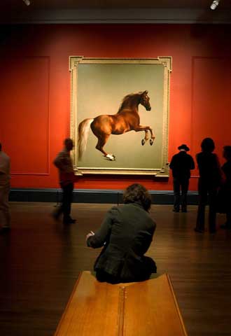 Un grupo de personas observa el cuadro  Whistlejacket,  de George Stubbs.