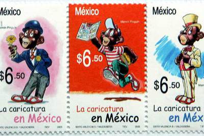 Tres modelos de la serie de sellos postales mexicanos con la caricatura de  Memí Pinguín. 
