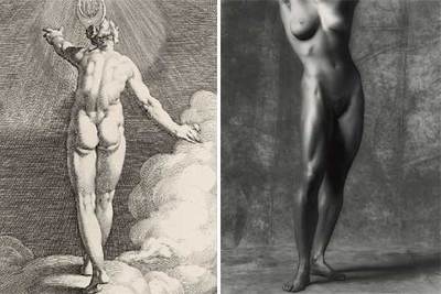  Diana en las nubes,  grabado del siglo XVI, junto a  Lisa Lyon,  fotografía de Mappelthorpe de 1981.