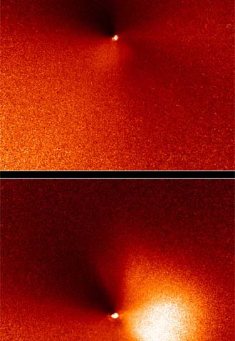 Chorro de gas y polvo en el cometa Tempel 1, fotografiado por el telescopio  Hubble  el 14 de junio.