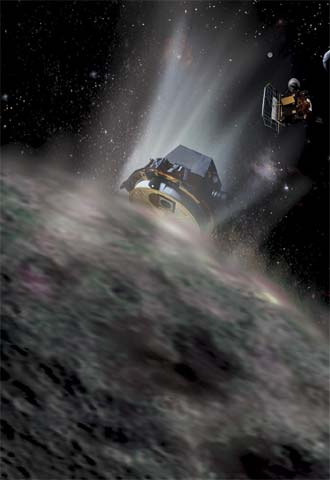 Ilustración del impacto del proyectil del  Deep Impact 1  contra el cometa Tempel 1.