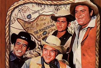 Actores de la serie  Bonanza . Michael Landon, de pie, a la izquierda.