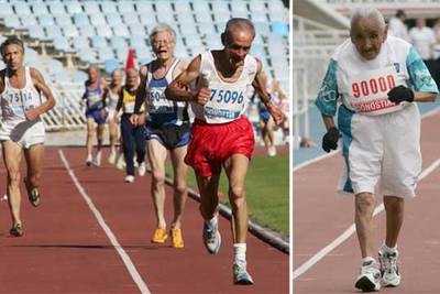 El rumano Dumitru Radu (foto de la izquierda) encabeza la final de los 5.000 metros. Rosario Iglesias,  Chayito,  de 95 años (foto de la derecha), en la final de los 100m.