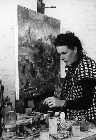 Leonora Carrington pintando su cuadro 'Nunscape at Manzanillo', en 1956.
