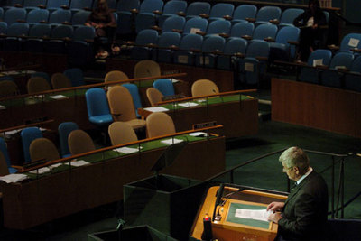 El ministro de Exteriores de Alemania, Joschka Fischer, el jueves en la Asamblea de las Naciones Unidas.