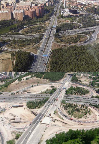 El nudo de O'Donnell antes de las obras (en la foto superior). La de abajo es una foto reciente facilitada por IU.