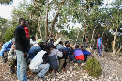 Varios de los subsaharianos que viven en la zona de Pinares de Rostrogordo, en Melilla.