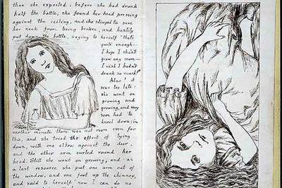 Dos páginas del manuscrito original de  Las aventuras de Alicia bajo tierra,  digitalizado por la Biblioteca Británica.