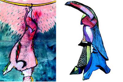  Crucifixión XII   (1985),  óleo y pigmento sobre cartón estucado (a la izquierda), y  Versus 2   (2000-2001),  hierro oxidado y resina, de Cristóbal Gabarrón.