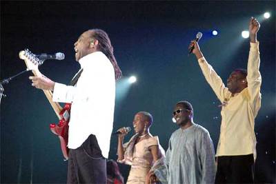Gilberto Gil, Rokia Traoré y Youssou N'Dour, durante su intervención en el concierto.