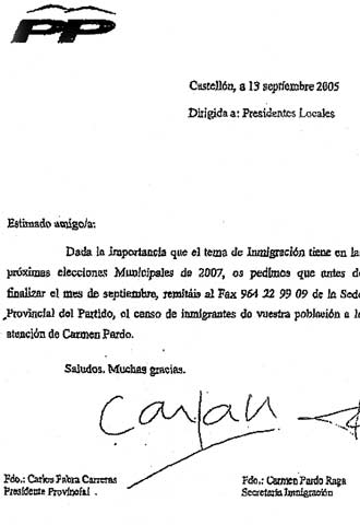 La carta que dirigió Carlos Fabra a los presidentes locales del PP.