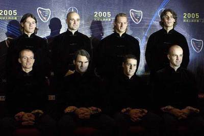 De izquierda a derecha y de arriba abajo, Coria, Agassi, Nalbandián, Nadal, Davydenko, Federer, Gaudio y Ljubicic en la apertura del torneo.