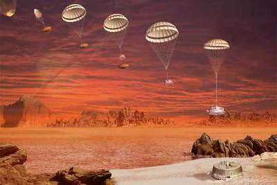 Reconstrucción del descenso en Titán de  Huygens,  que se posó en un terreno erosionado junto a un posible lago.