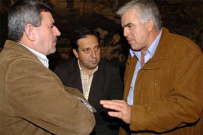 Lorenzo Ramos (UPA), Pedro Barato (Asaja) y Miguel López Sierra (Coag), antes de la reunión en Agricultura.