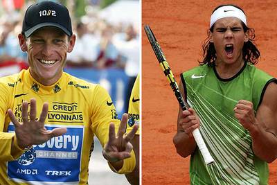 Armstrong bromea mostrando ocho dedos al ganar su séptimo Tour, y Nadal celebra un punto en la final de Roland Garros.